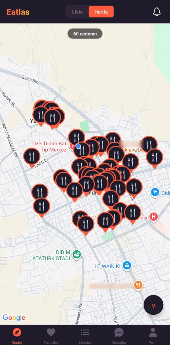 Eatlas Harita ekranı — yakındaki restoranlar haritada