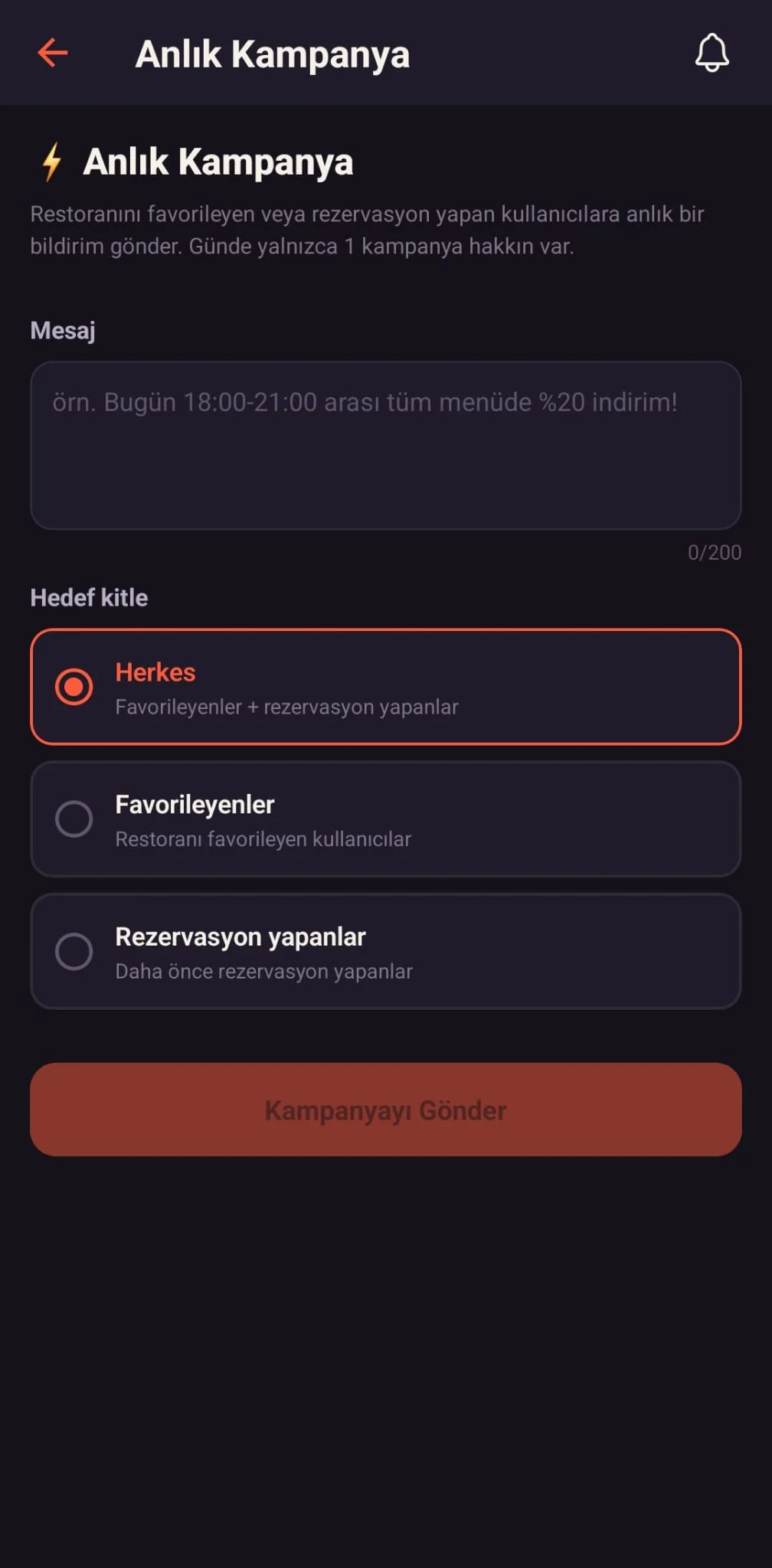 Eatlas anlık kampanya ekranı — müşterilere indirim gönder