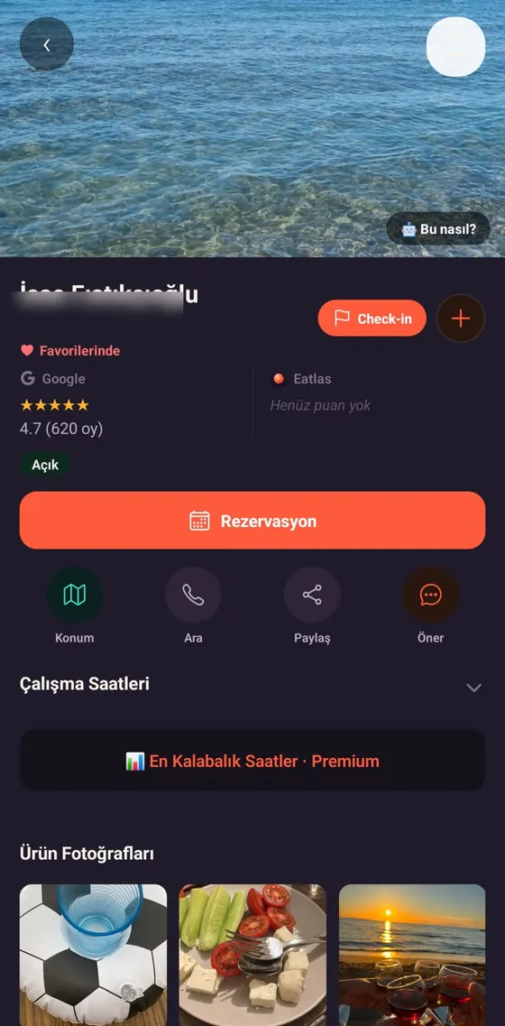 Eatlas restoran detayı — favorilere ekle, rezervasyon ve ürün fotoğrafları