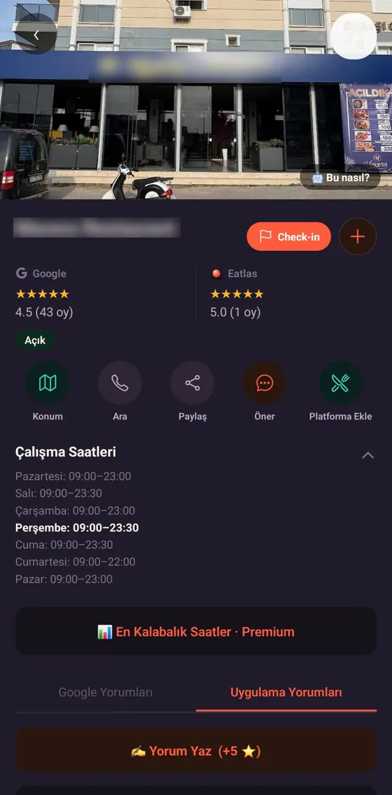 Eatlas restoran detayı — Google ve Eatlas çift puanı, çalışma saatleri